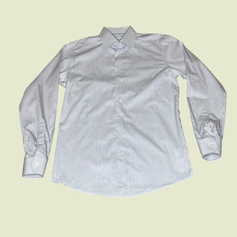 Eton Slim Fit Dress Shirt Mens 16.5 42 Blue‎ Pink White Micro Stripe Long Sleeve